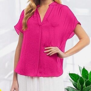 RACHEL Rachel Roy Satin Split Neck Popover Blouse  Women’s L Barbie Pink